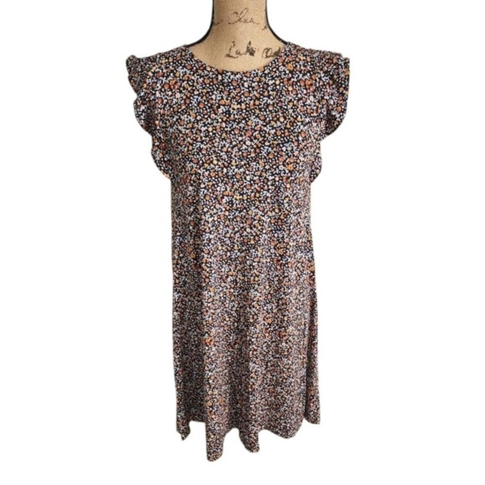 Loft‎ Floral Ruffle Sleeve Shift Dress Black Orange White Casual Cute Size XS